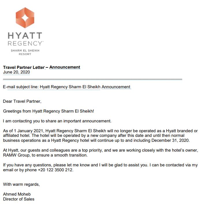 Hyatt Regency Sharm El Sheikh Announcement